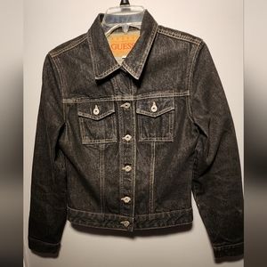 Vtg Vintage GUESS Women's Black Denim Jean Trucker Jacket * Size L Large